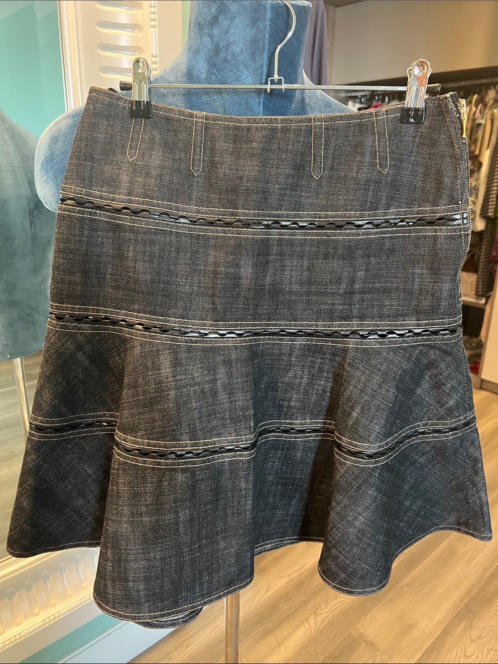 Alaia Black Washed Denim A-Line Flared Skirt
